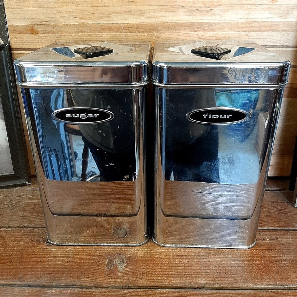 Vintage 1950s Masterware Chrome Metal Canisters Black Knob Diamond Shape